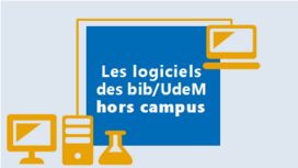 [Texte] Les logiciels des bib/UdeM hors campus [Image] Odinateur de table et logo d'Antidote lié à un ordinateur portable