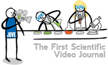 Illustration cartoonesque de scientifiques filmés pendant une expérience, avec la mention "The First Scientific Video Journal"