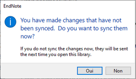 You have made changes that have not been synced. Do you want to sync them now? If you do not sync the changes now, they will be sent the next time you open this library.