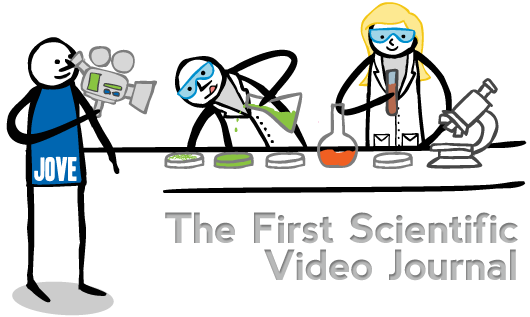 Illustration cartoonesque de scientifiques filmés pendant une expérience, avec la mention "The First Scientific Video Journal"